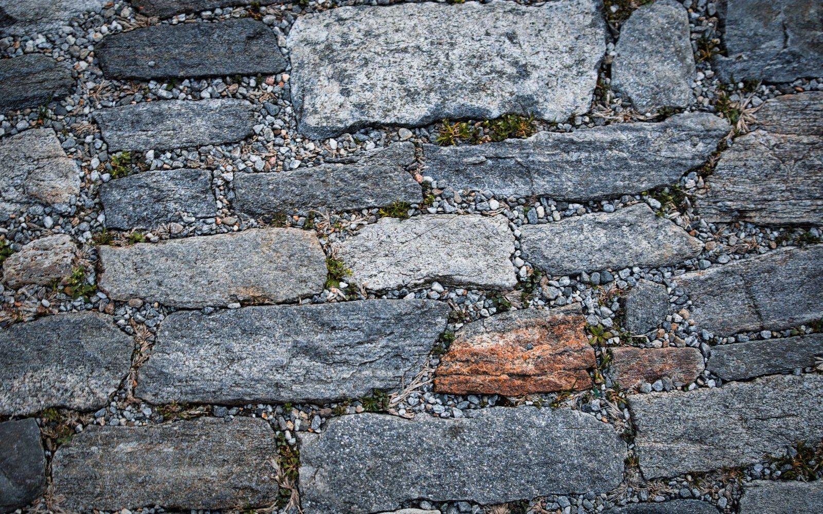 Weathered cobblestones with gravel-filled gaps and one reddish stone among gray blocks